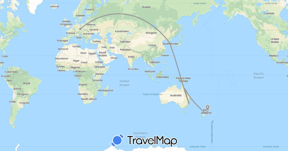TravelMap itinerary: driving, plane in Australia, Czech Republic, South Korea, New Zealand (Asia, Europe, Oceania)